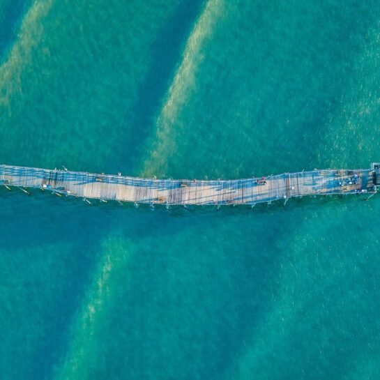 Aerial view of wood fishing pier